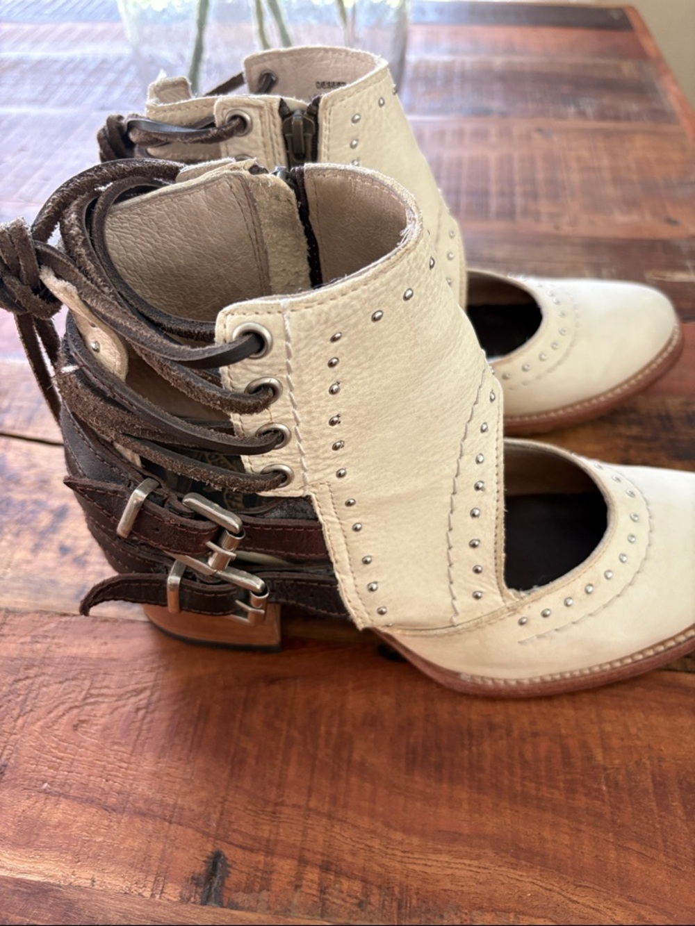 Freebird Leather Cutout Ankle Booties in Cream and Brown - Picture 3 of 6
